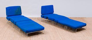 PAIR OF COATED-IRON WIRE CAGE CHAISE LOUNGE PATIO CHAIRS, IN THE STYLE OF RICHARD SCHULTZ