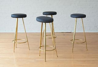 FOUR BRASS AND LEATHER BAR STOOLS