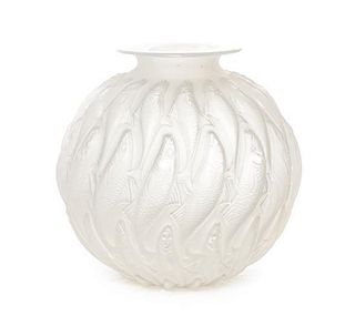 A Rene Lalique Molded and Frosted Glass Vase, Height 9 1/4 inches.