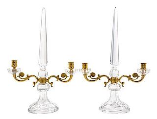 A Pair of French Gilt Bronze Mounted Glass Candelabra Height 18 3/4 inches.