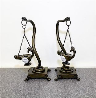A Pair Grand Tour Bronze Oil Lamps Height of first 9 inches.