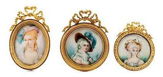 * Three Continental Portrait Miniatures Height of oval example 1 3/4 x width 2 1/4 inches.