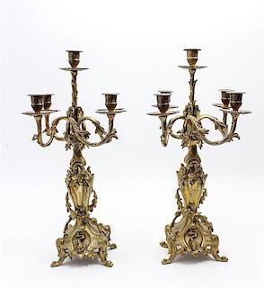 * A Pair of Empire Style Gilt Metal Candelabra Height 18 1/4 inches.