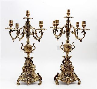 * A Pair of Louis XV Style Gilt Brass Candelabra Height 23 inches.