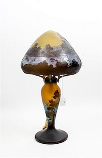 * A Romanian Cameo Glass Table Lamp Height overall 18 1/2 x diameter of shade 11 inches.