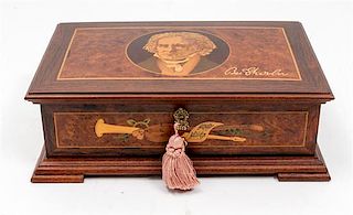 A Marquetry Decorated Music Box Length 11 1/2 inches.