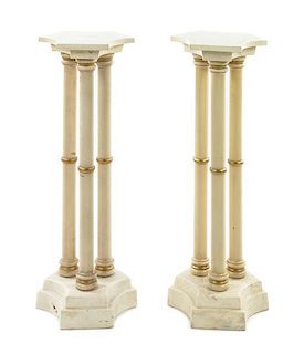 A Pair of Painted and Parcel Gilt Wood and Marble Pedestals Height 35 inches.
