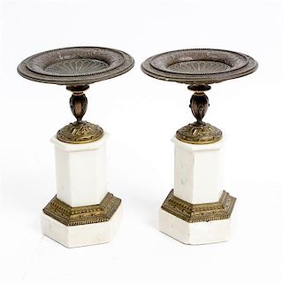 * A Pair of Gilt Metal and Marble Compotes Height 8 1/2 inches.