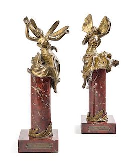 * A Pair of French Gilt Cast Metal and Marble Table Ornaments Height 13 inches.