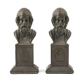 * A Pair of Cast Metal Busts of Scholars Height 7 1/8 inches.