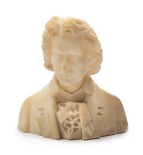 * A Continental Alabaster Bust of Beethoven Height 6 3/4 inches.