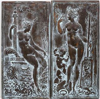 * A Pair of Continental Bronze Plaques Height 16 3/4 x width 8 1/4 inches.
