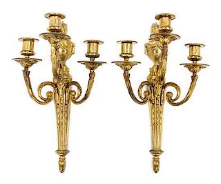 * A Pair of Neoclassical Style Gilt Metal Three-Light Sconces Height 16 1/2 inches.