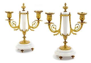 * A Pair of French Gilt Bronze Mounted Marble Candlesticks Height 11 inches.