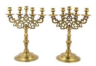 * A Pair of English Brass Five-Light Candelabra Height 15 1/2 inches.