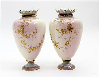 * A Pair of Royal Worcester Porcelain Vases Height 7 1/2 inches.