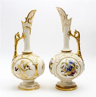 * A Pair Royal Worcester Porcelain Ewers Height 14 1/2 inches.