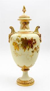 * A Royal Worcester Porcelain Covered Vase Height 15 1/4 inches.