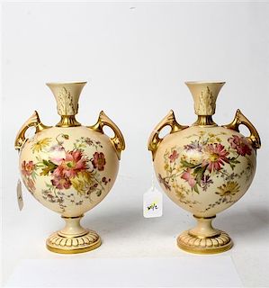 * A Pair of Royal Worcester Porcelain Vases Height 9 1/4 inches.