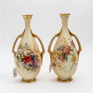 * A Pair of Royal Worcester Porcelain Vases Height 11 1/4 inches.