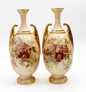 * A Pair of Royal Worcester Porcelain Vases Height 10 3/4 inches.