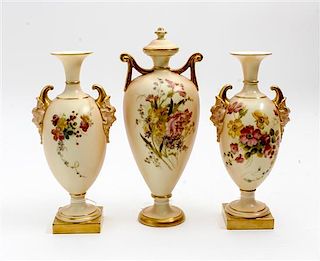 * Three Worcester Porcelain Vases Height of pair 8 1/4 inches.