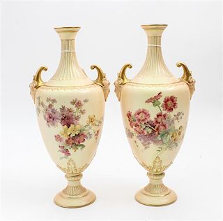 * A Pair of Royal Worcester Porcelain Vases Height 13 inches.