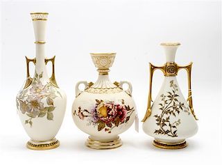 * Three Royal Worcester Porcelain Vases Height of tallest 12 1/2 inches.