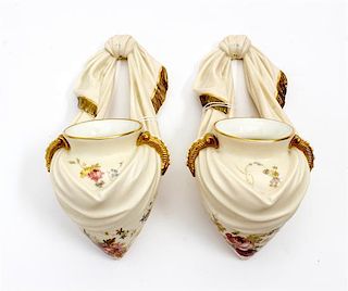 * A Pair of Royal Worcester Porcelain Wall Pockets Height 9 1/2 inches.