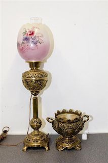 * A Victorian Style Brass and Glass Lamp Height of first overall 30 3/4 inches.