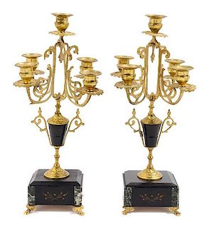 * A Pair of Victorian Gilt Metal and Slate Candelabra Height 14 1/2 inches.