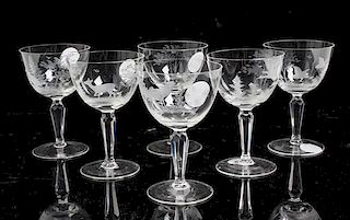 A Set of Six Etched Glass Stems Height 5 inches.