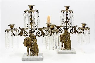 * A Pair of Victorian Brass Three-Light Girandoles Height 15 1/2 inches.