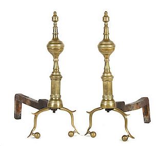 A Pair of American Brass Andirons Height 15 1/2 inches.