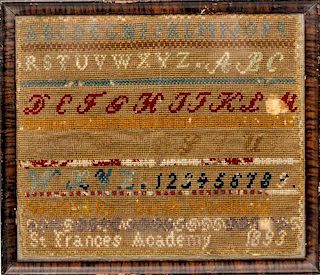 A Victorian Needlework Sampler Height 11 1/2 x width 13 1/2 inches.