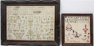 Two Victorian Needlework Samplers Height of larger 13 x width 18 1/4 inches.