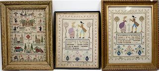 Three Needlework Samplers Height of largest 13 x width 9 inches.
