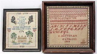 Four Needlework Samplers Height of largest 12 1/2 x width 12 1/2 inches.
