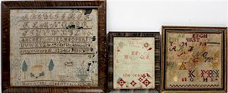 Three Victorian Needlework Samplers Height of largest 14 x width 15 inches.