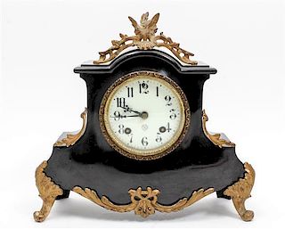* An American Gilt Metal Mounted Lacquered Mantel Clock Height 11 3/4 x width 12 1/2 inches.