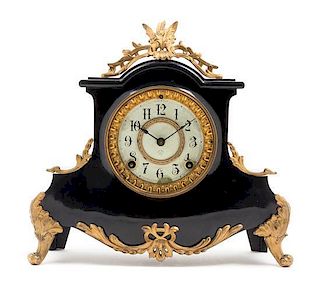 * An American Gilt Metal Mounted Slate Mantel Clock Height 11 1/2 x width 12 1/2 inches.