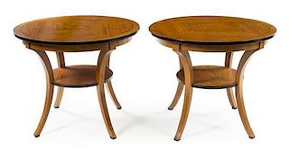 A Pair of Biedermeier Style Parcel Ebonized Center Tables Height 30 x diameter of top 36 inches.