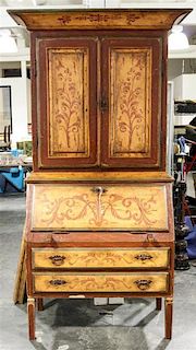 A Venetian Style Painted Secretary Bookcase Height 88 x width 47 x depth 19 1/2 inches.