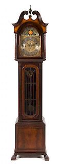 * An American Mahogany Five-Tube Hall Clock, Futer Bros. Height 83 1/4 x width 20 x depth 15 inches.