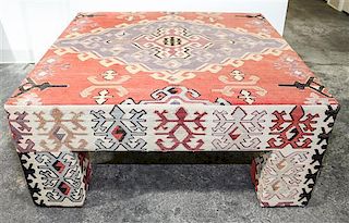 A Kilim Upholstered Parsons Coffee Table Height 17 1/2 x width 40 x depth 40 inches