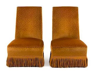 A Pair of Cut Velvet Upholstered Slipper Chairs Height 60 x width 32 x depth 17 inches.