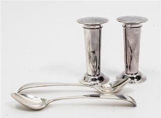 * A Pair of Swid Powell Silver-plate Casters, , together with two Georg Jensen silver baby spoons.