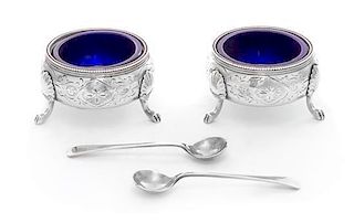 A Pair of Victorian Silver Salt Cellars, Edward Charles Brown, London, 1868, having a beaded rim and a bright-cut body with f