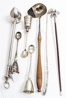 A Group of Seven Silver and Silver-Plate Bar Articles, various makers, comprising an American silver olive spoon marked Georg