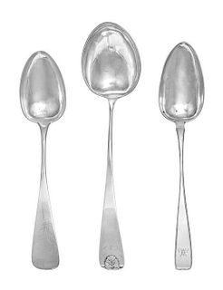 Three Continental Silver Basting Spoons, Likely German, 19th Century, each having a downturned Hanoverian handle, one example